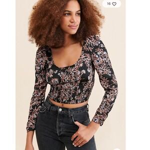 Free‎ People Santiago Black Floral  Cropped Blouse Womens S